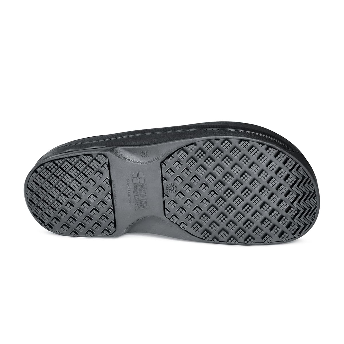 The Radium from Shoes For Crews are slip-on, slip-resistant shoes designed to provide comfort throughout the day, seen from below.