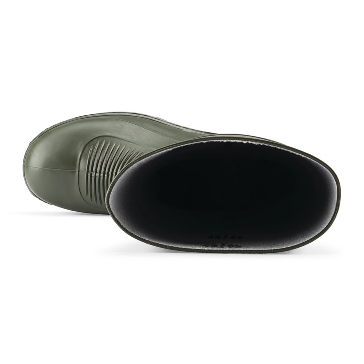 Slip resistant green wellington boot with steel toe cap (200 Joules) and water resistant upper, top view.