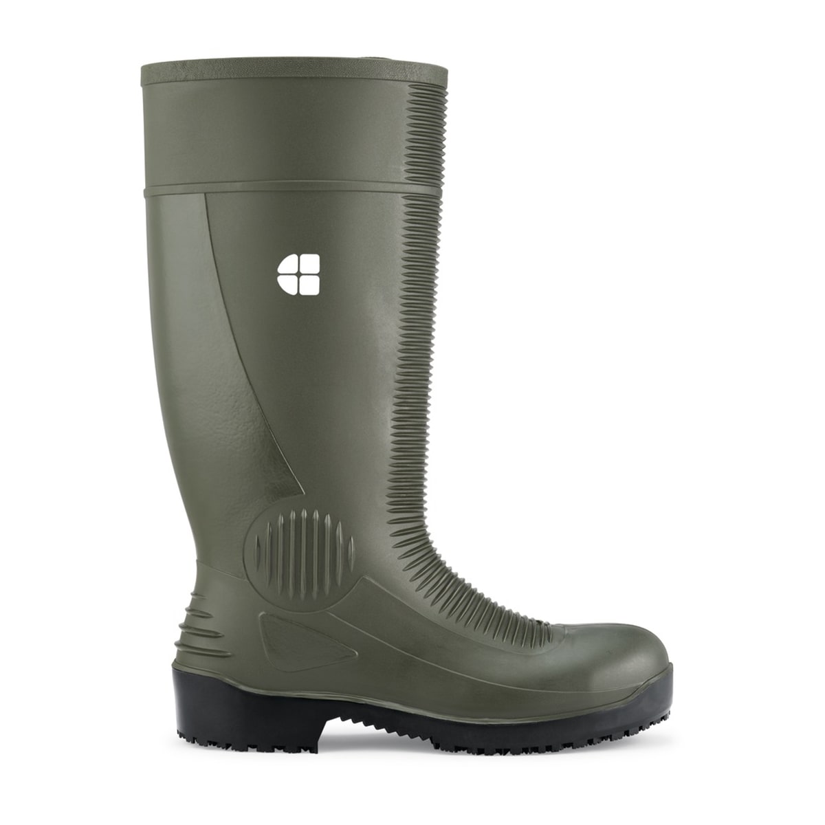 Slip resistant green wellington boot with steel toe cap (200 Joules) and water resistant upper, seen from the right.