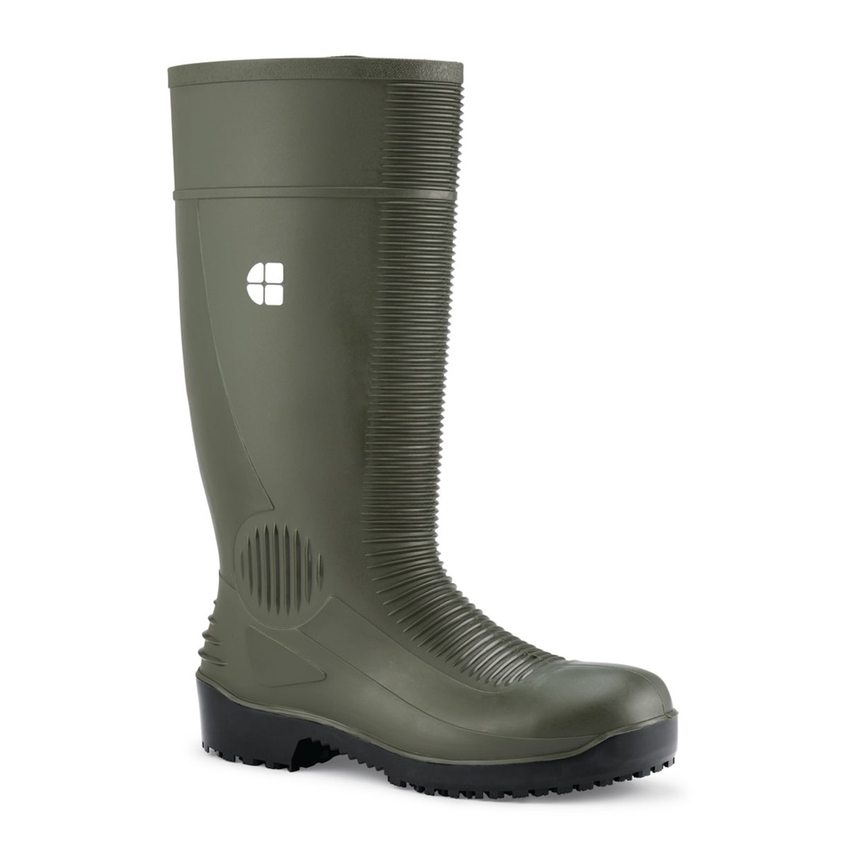 Slip resistant green wellington boot with steel toe cap (200 Joules) and water resistant upper, right profile view.