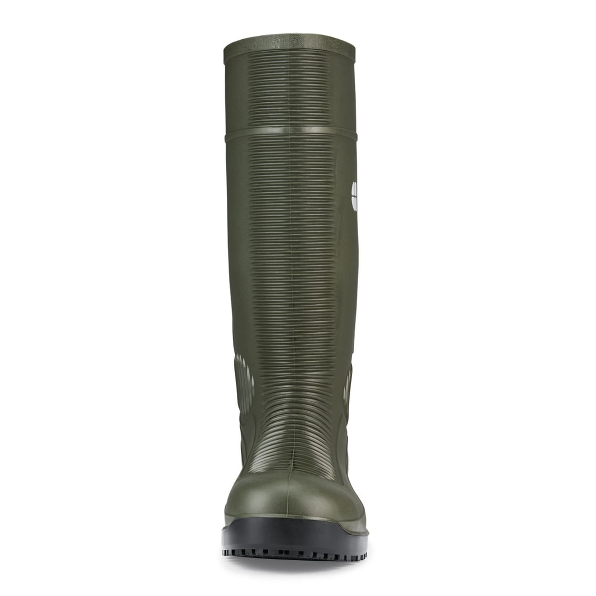 Slip resistant green wellington boot with steel toe cap (200 Joules) and water resistant upper, seen from the front.