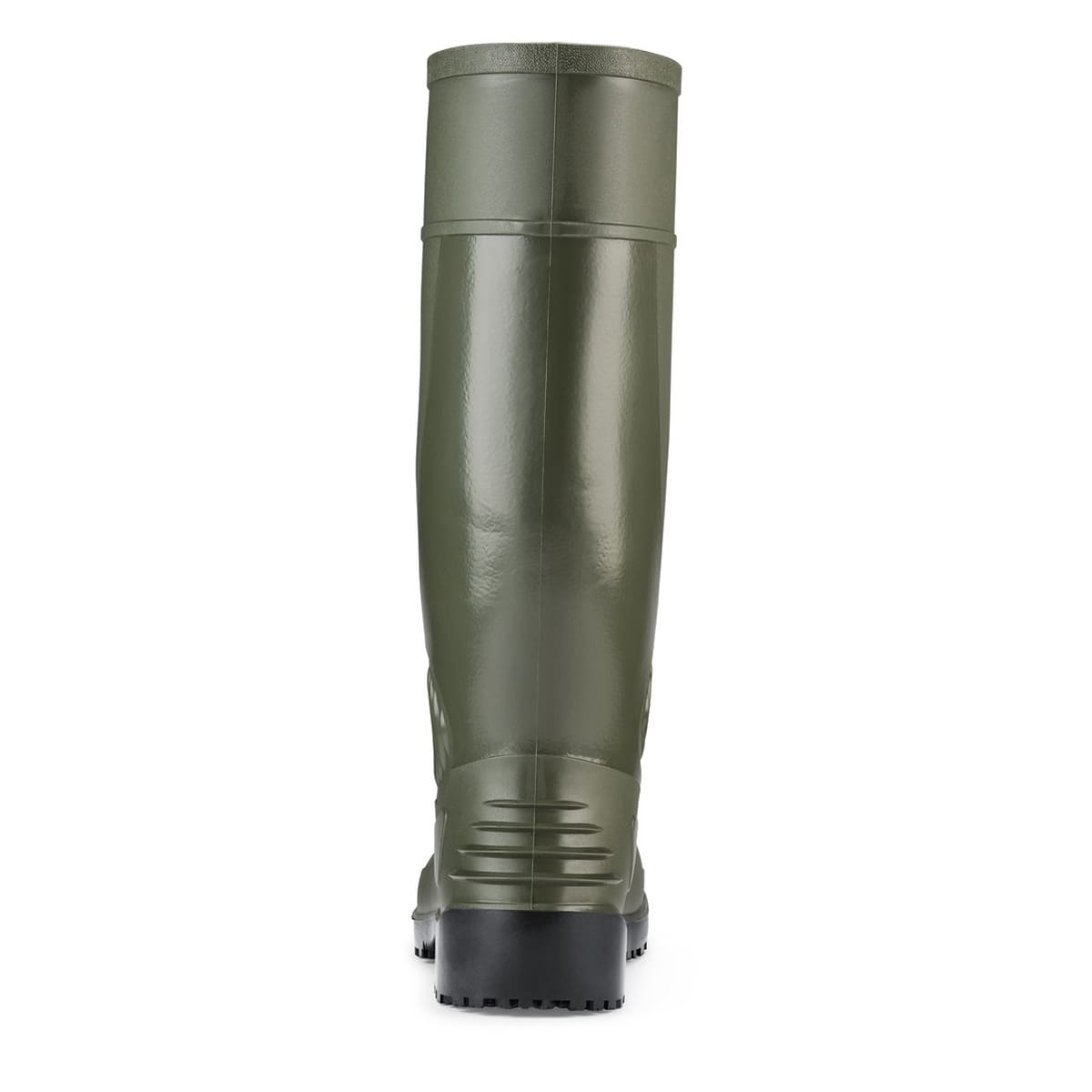 Slip resistant green wellington boot with steel toe cap (200 Joules) and water resistant upper, seen from the back.