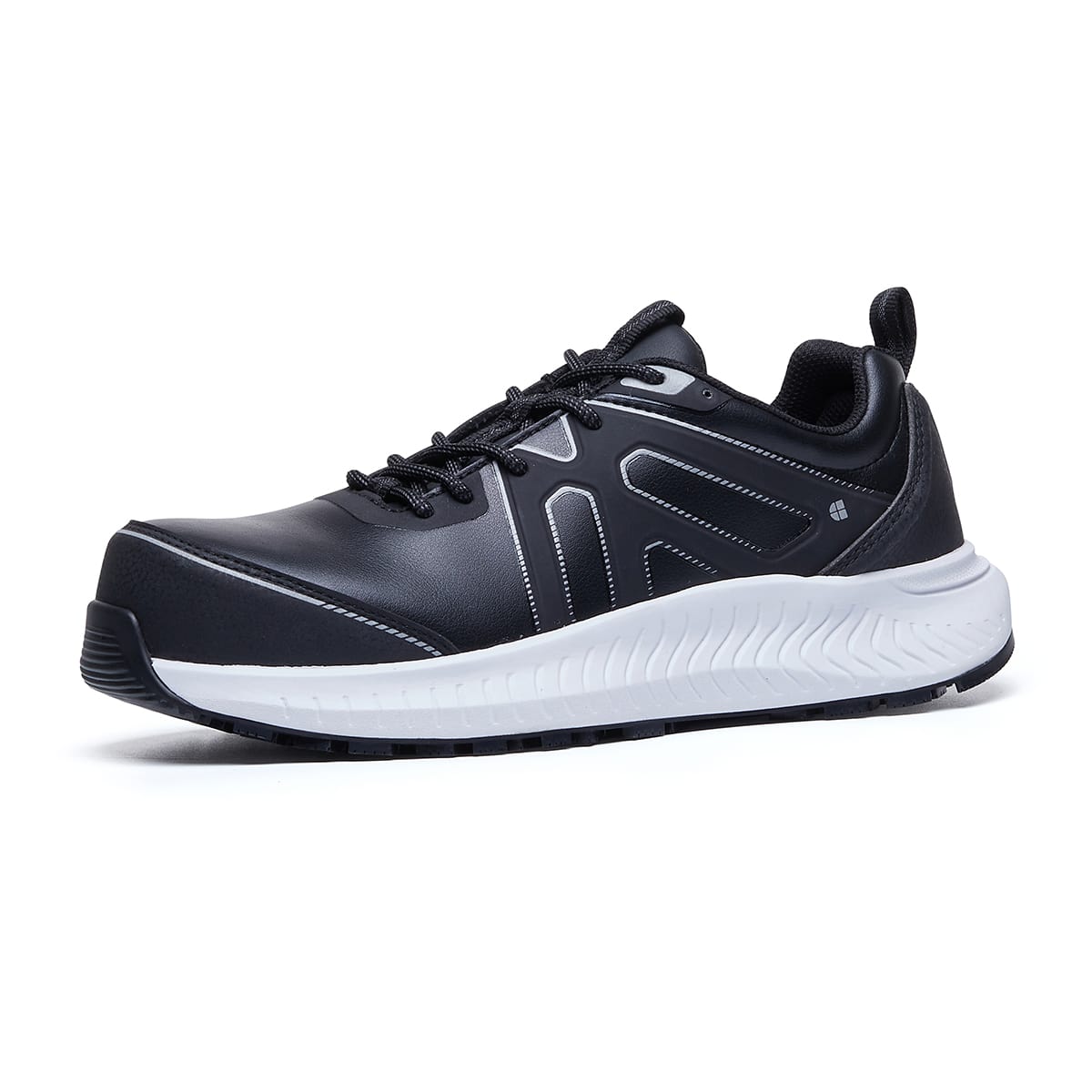 The Colly Black from Shoes For Crews has a slip-resistant, clog-resistant sole with TripGuard technology, a nanocomposite toecap (200 joules) and removable cushioned insoles, seen from the left profile.