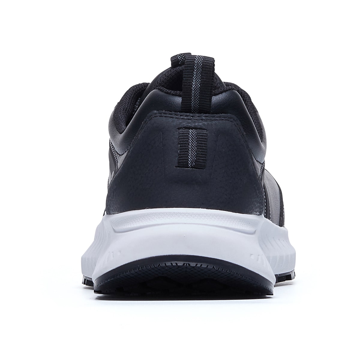 The Colly Black from Shoes For Crews has a slip-resistant, clog-resistant sole with TripGuard technology, a nanocomposite toecap (200 joules) and removable cushioned insoles, seen from the back.