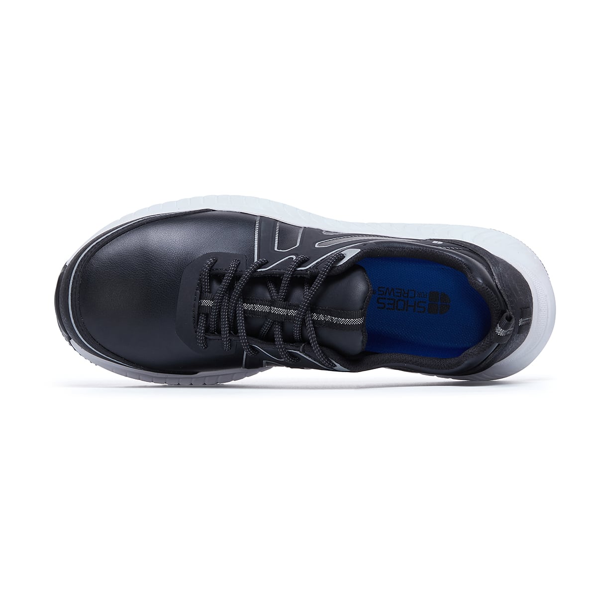 The Colly Black from Shoes For Crews has a slip-resistant, clog-resistant sole with TripGuard technology, a nanocomposite toecap (200 joules) and removable cushioned insoles, seen from the above.