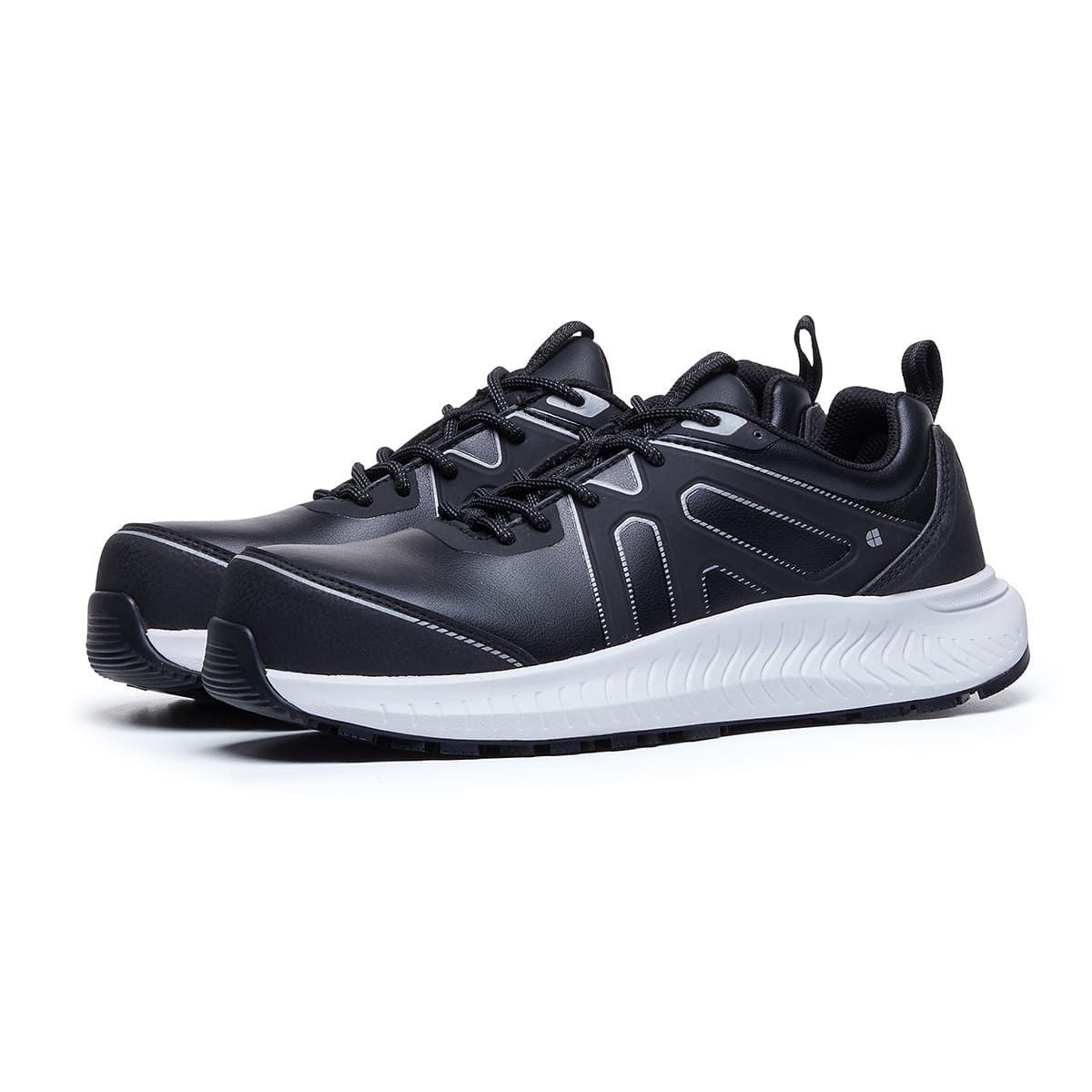 The Colly Black from Shoes For Crews has a slip-resistant, clog-resistant sole with TripGuard technology, a nanocomposite toecap (200 joules) and removable cushioned insoles,  pair seen in profile on the left.