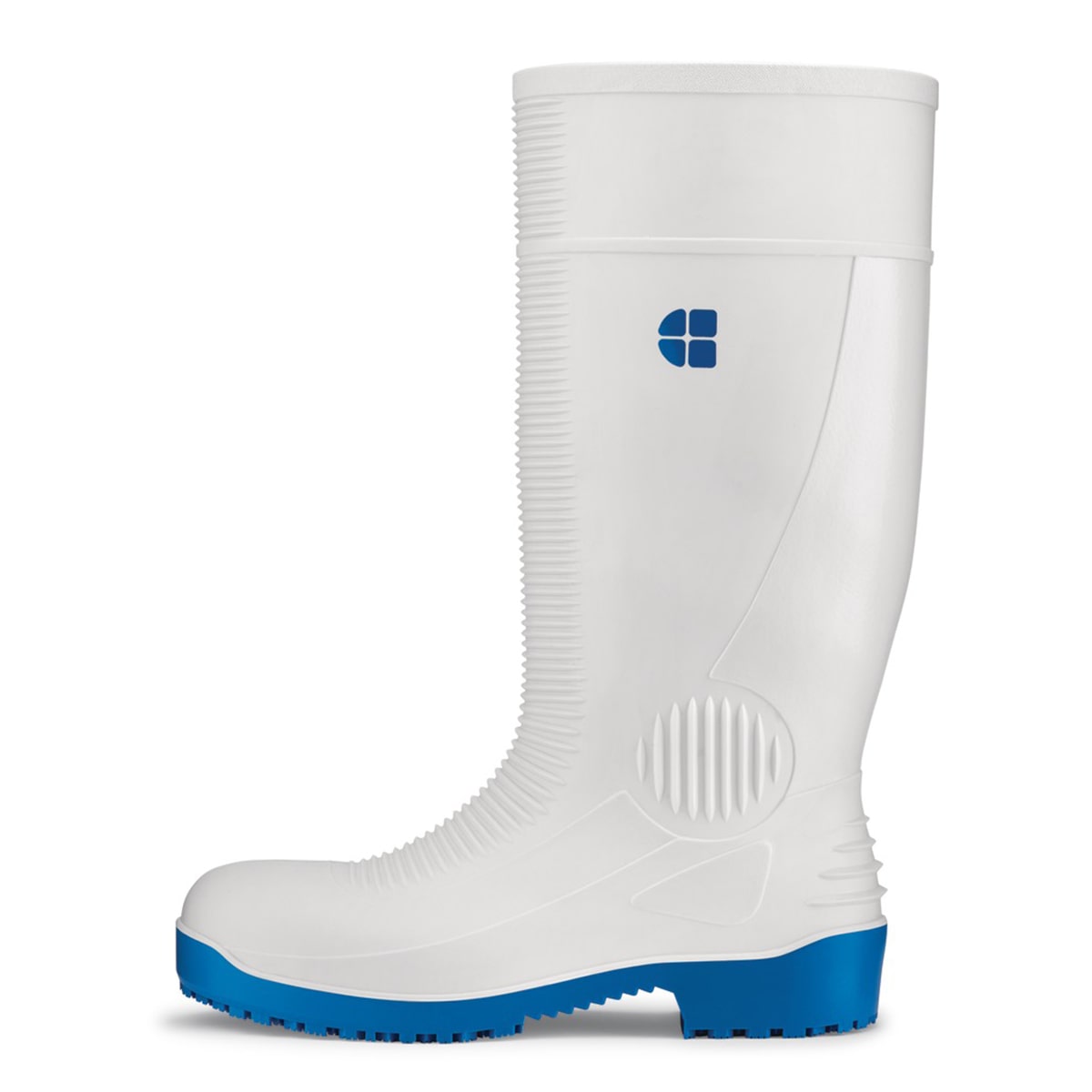 Slip-resistant white wellington boot with steel toe cap (200 Joules) and water-resistant upper, seen from the left.
