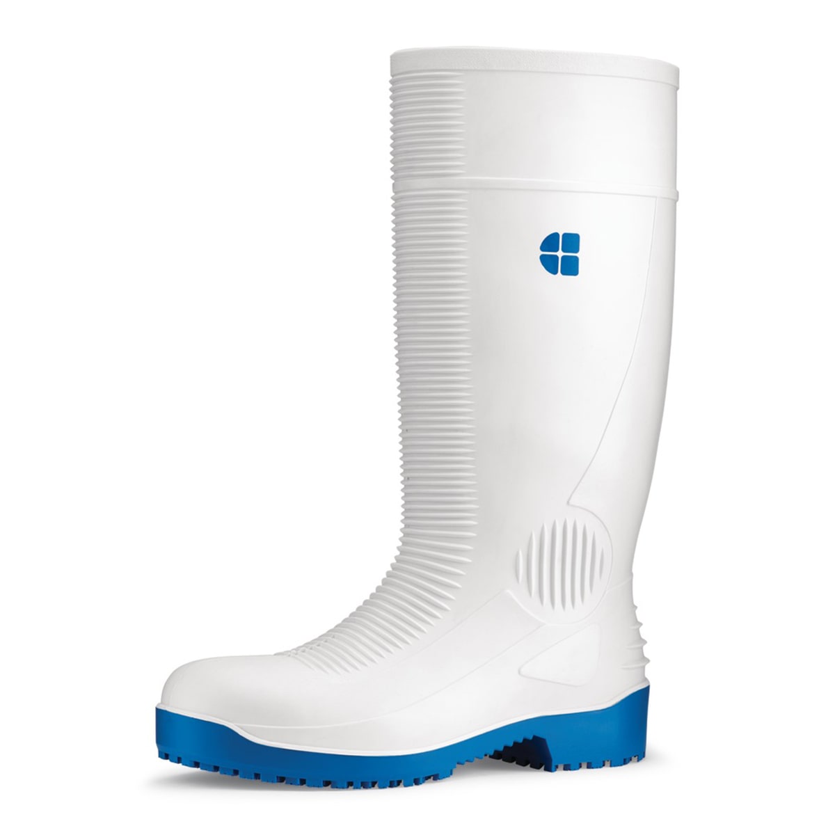 Slip resistant white wellington boot with steel toe cap (200 Joules) and water resistant upper, seen from the left profile.