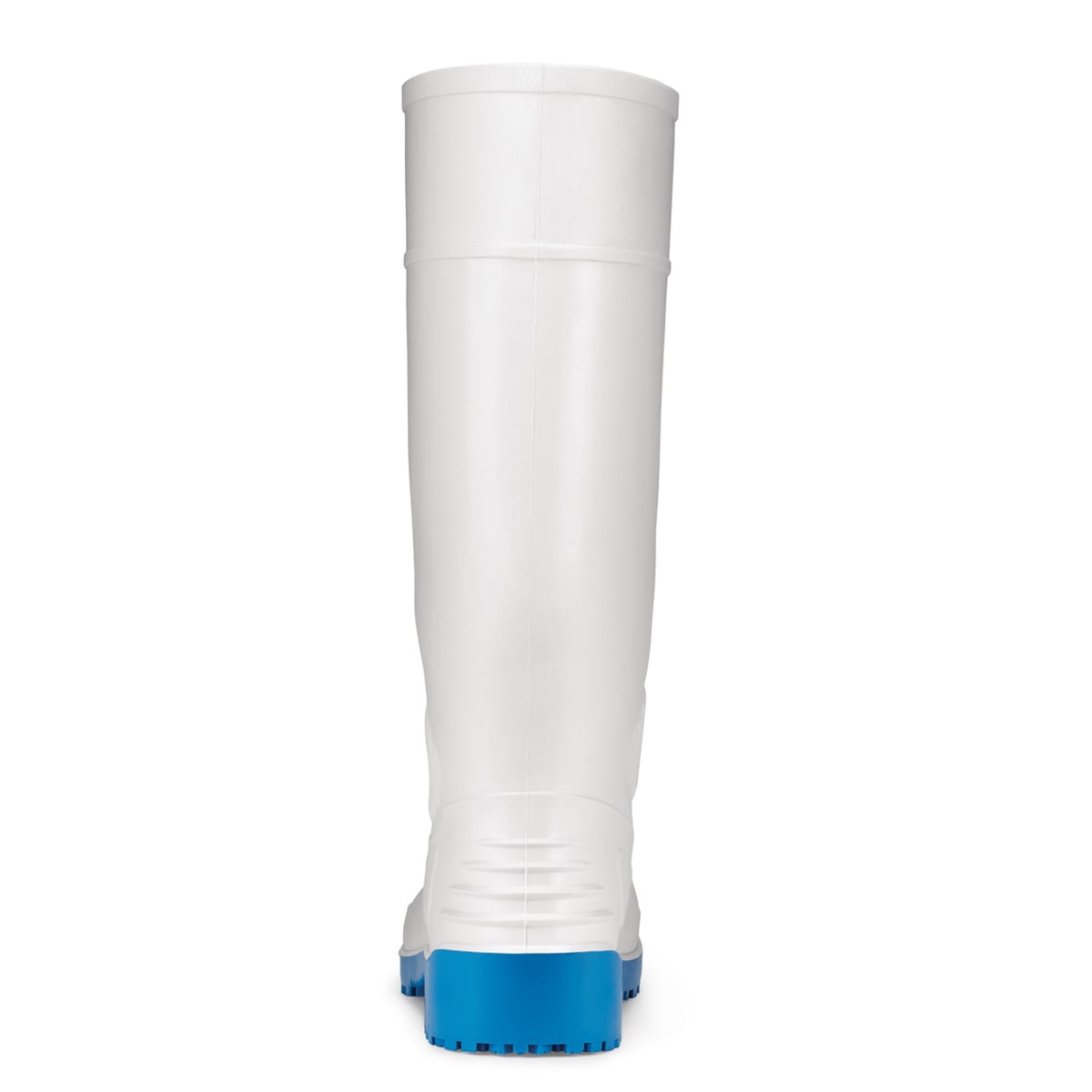 Slip resistant white wellington boot with steel toe cap (200 Joules) and water resistant upper, seen from the back.