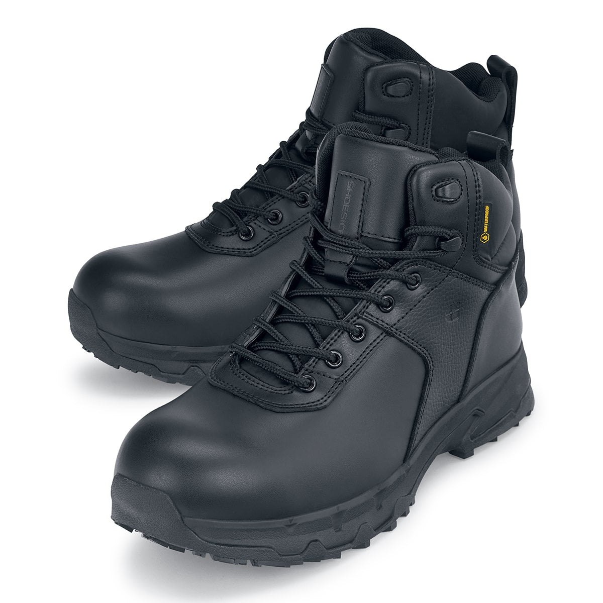 The Engineer IV CT from Shoes For Crews is an slip-resistant safety shoe designed to provide unbeatable comfort and protection throughout the working day,  pair seen from the left side, emphasised on the tip of the left shoe.