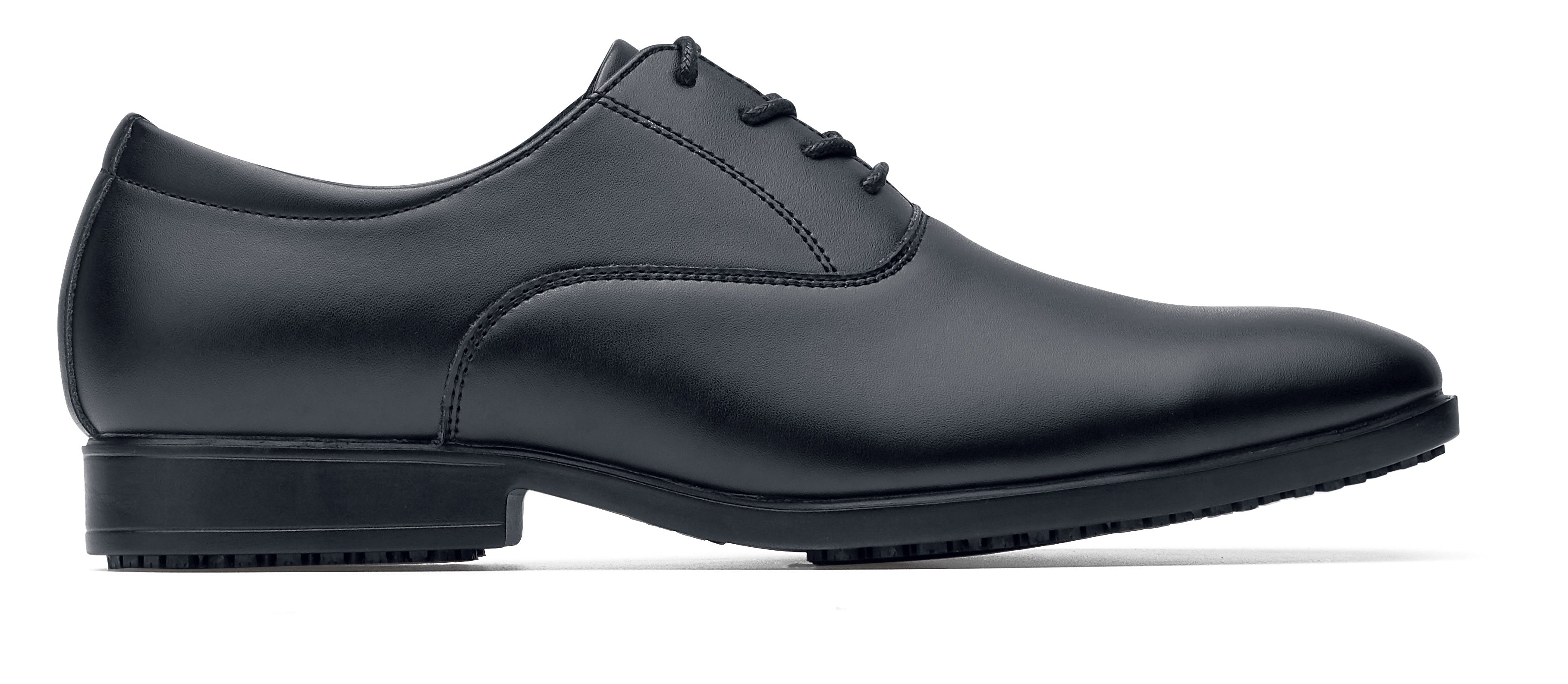 Slip resistant black formal shoe with Water Resistant Leather Upper, right side view.