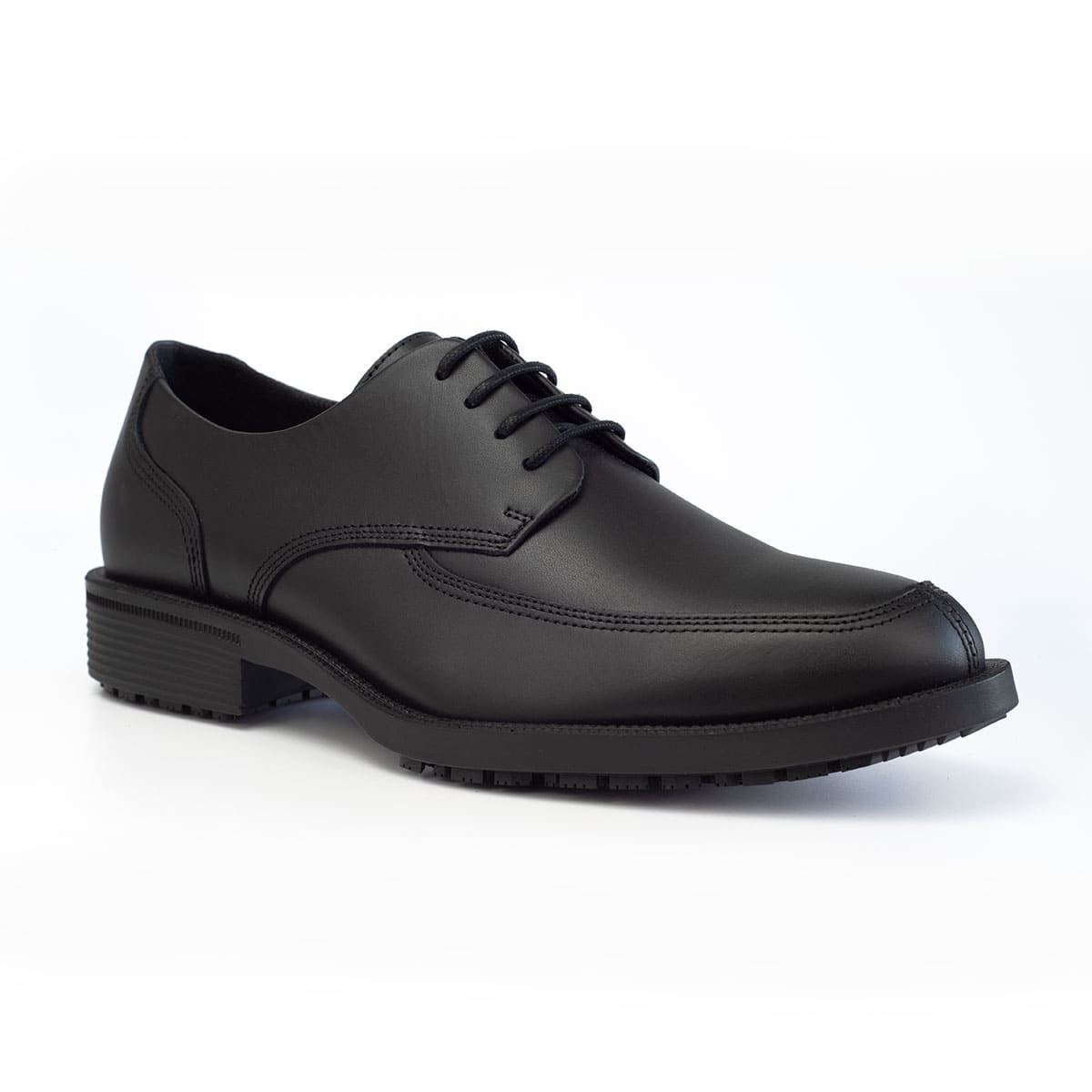 Slip resistant black formal shoe with waterproof leather upper and a removable, cushioned insole, right profile view.