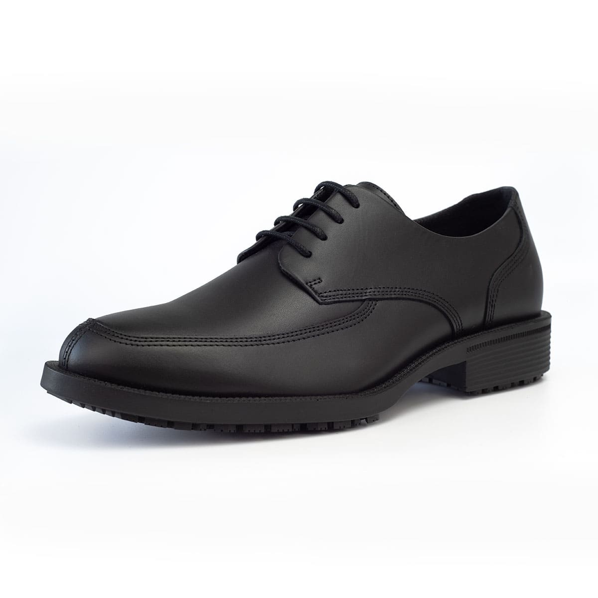 Slip resistant black formal shoe with waterproof leather upper and a removable, cushioned insole, left profile view.