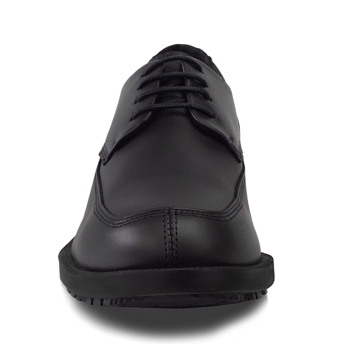 Non-slip black formal shoe with waterproof leather upper and a removable, cushioned insole, seen from the front.