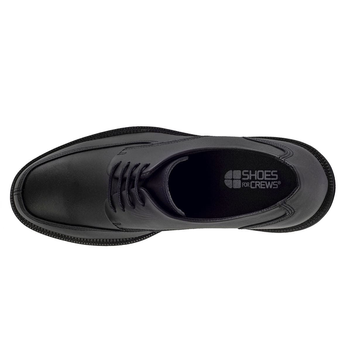 Slip resistant black formal shoe with waterproof leather upper and a removable, cushioned insole, top view.