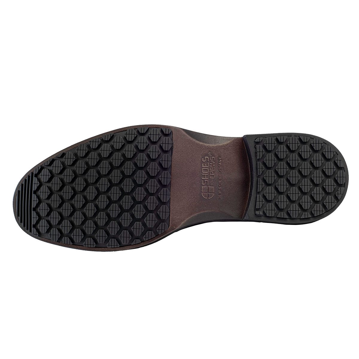 Slip resistant black formal shoe with waterproof leather upper and a removable, cushioned insole, bottom view.
