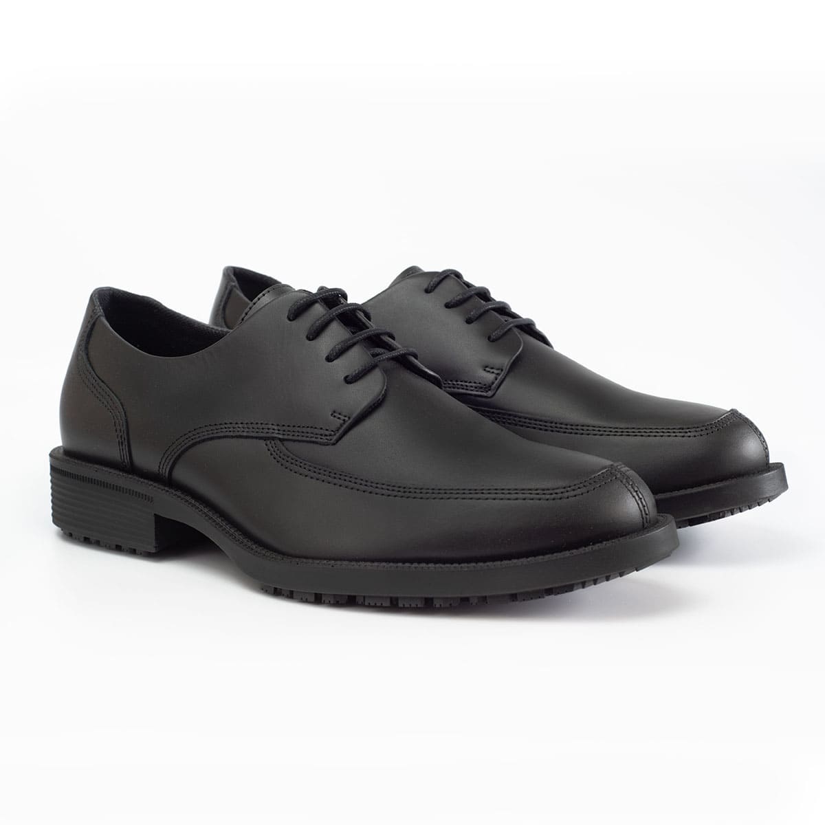 Slip resistant black formal shoe with waterproof leather upper and a removable, cushioned insole, pair seen on the right.