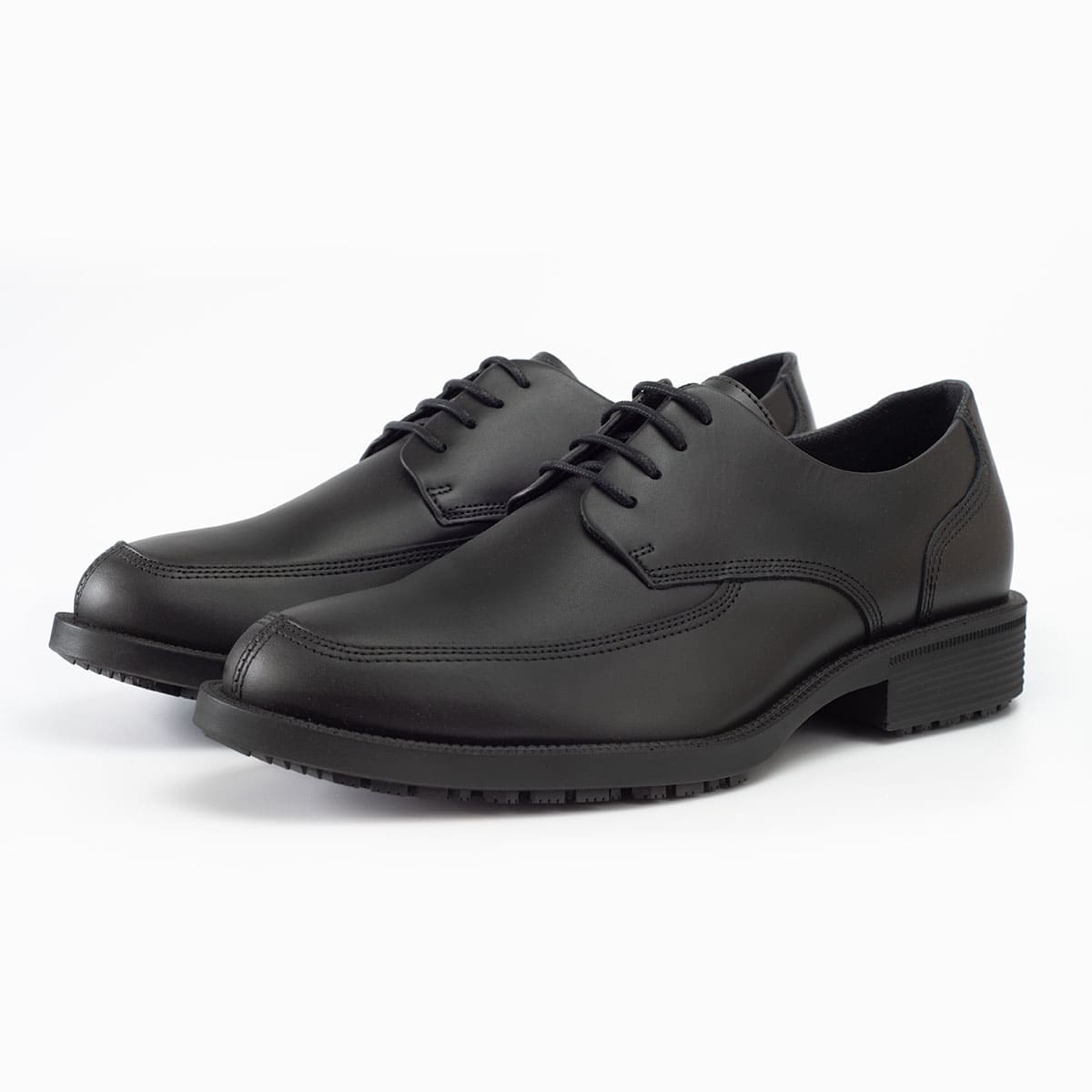 Slip resistant black formal shoe with waterproof leather upper and a removable, cushioned insole, pair seen on the left.