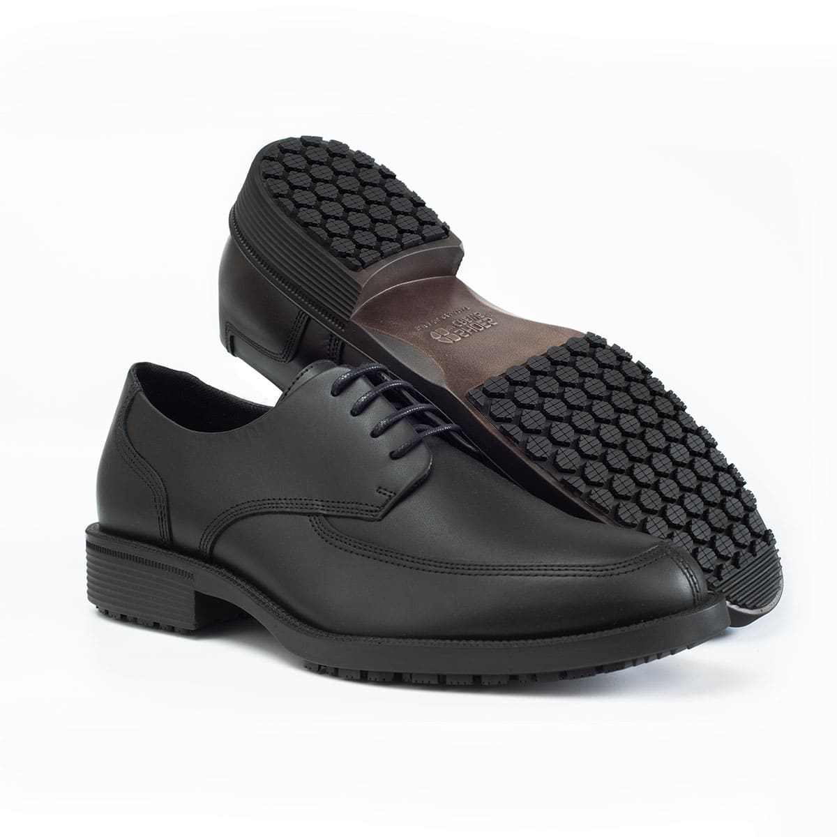 Slip resistant black formal shoe with waterproof leather upper and a removable, cushioned insole, pair seen from the right and bottom.