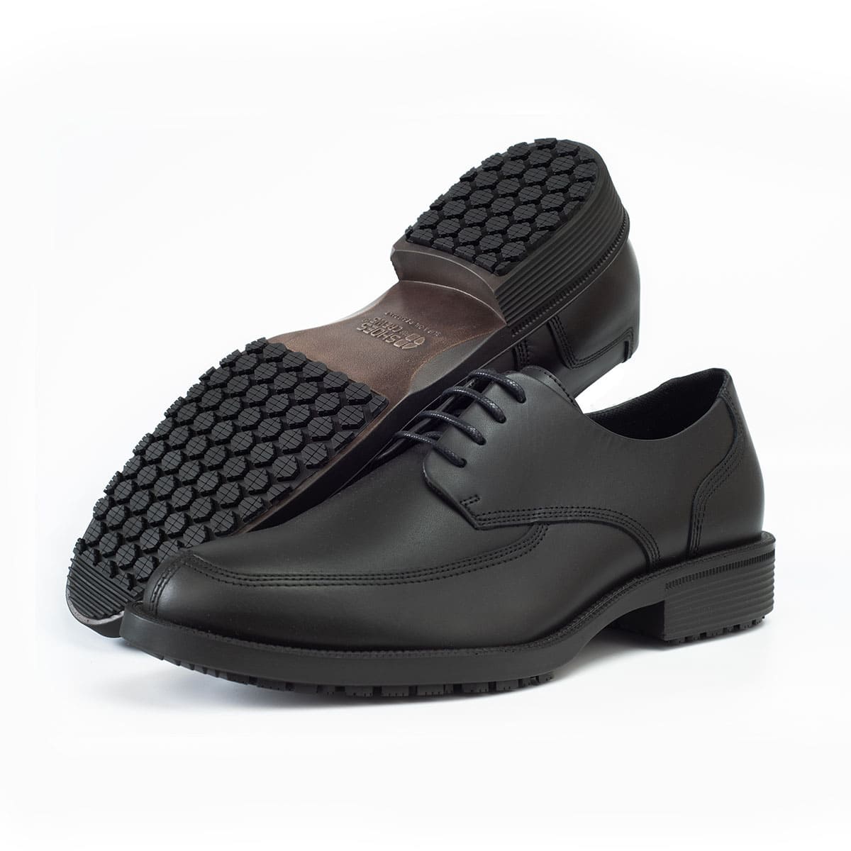 Slip resistant black formal shoe with waterproof leather upper and a removable, cushioned insole, pair seen from left and bottom.