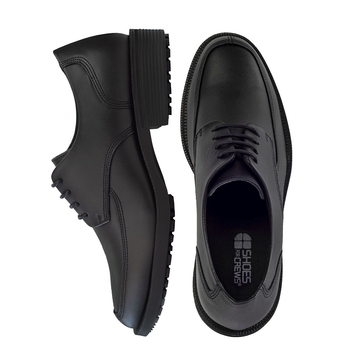 Slip resistant black formal shoe with waterproof leather upper and a removable, cushioned insole, pair seen from top and bottom.