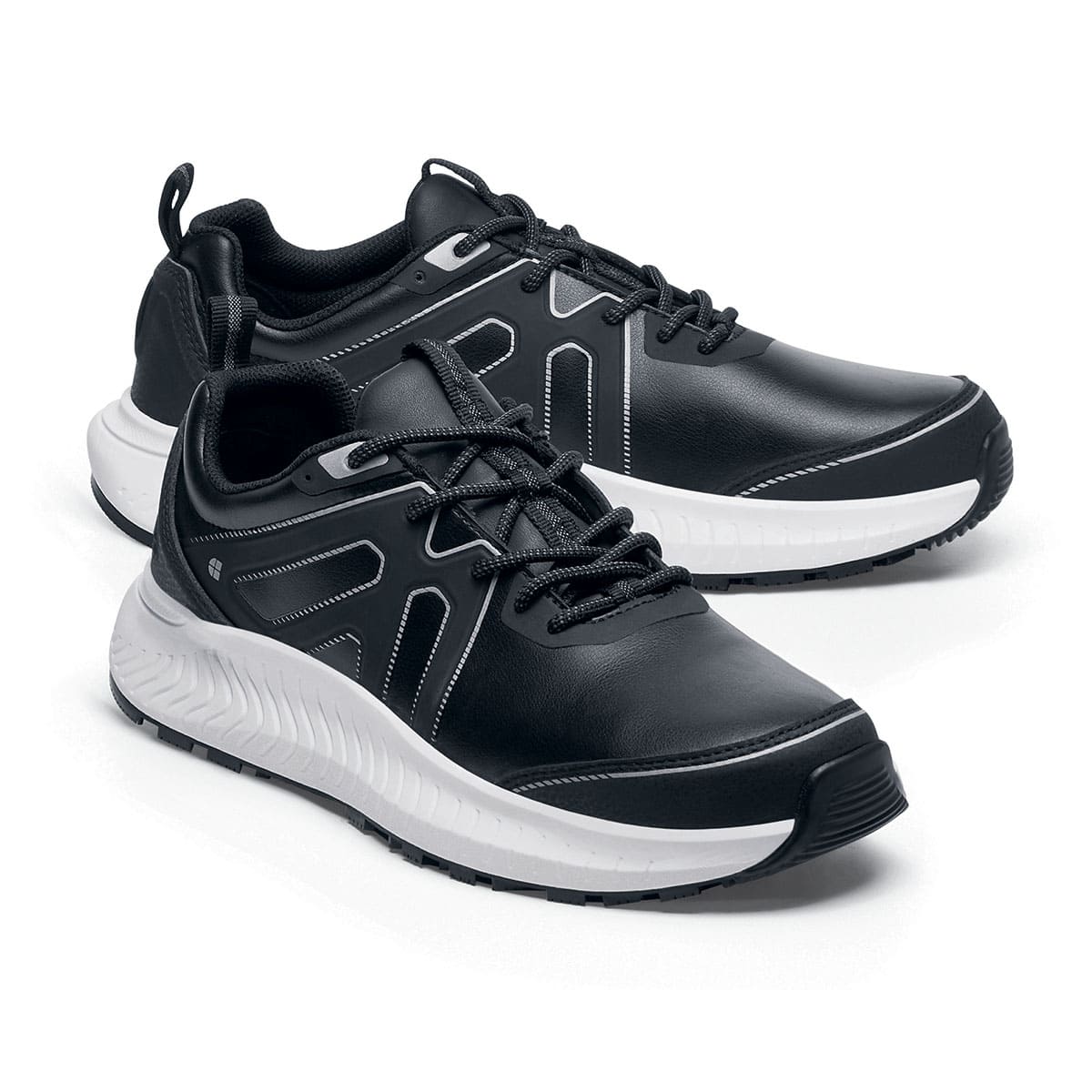 The Colly Soft Toe from Shoes For Crews are slip-resistant shoes that offer superior TripGuard technology, a water-resistant upper and arch support,  pair seen from the right side, emphasised on the tip of the right shoe.