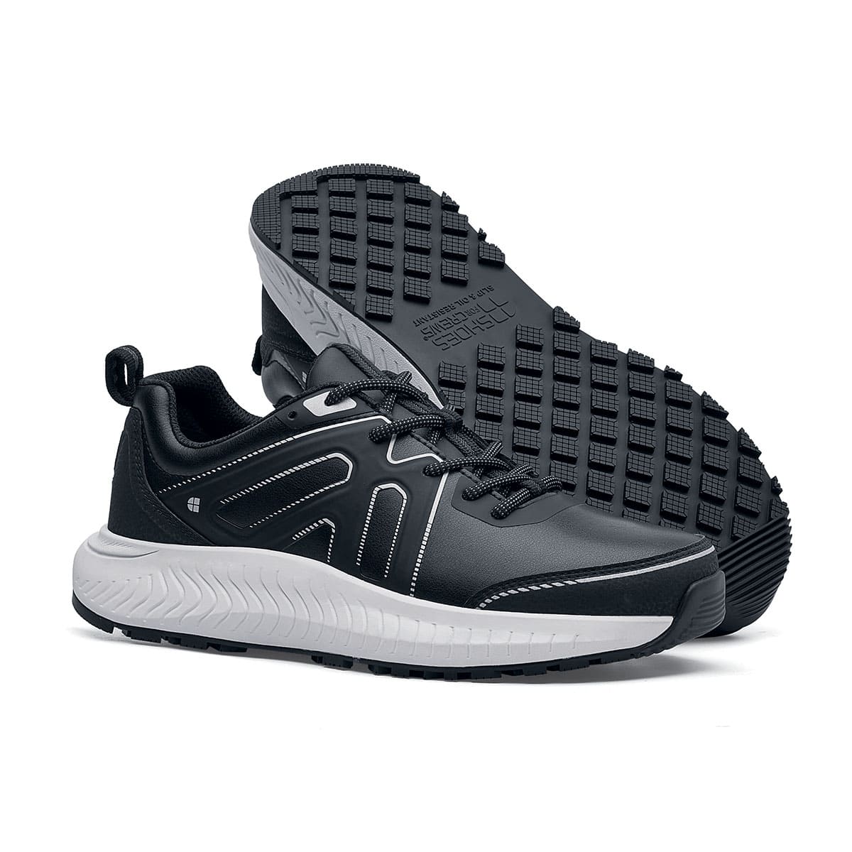 The Colly Soft Toe from Shoes For Crews are slip-resistant shoes that offer superior TripGuard technology, a water-resistant upper and arch support, seen from the right side and from the sole