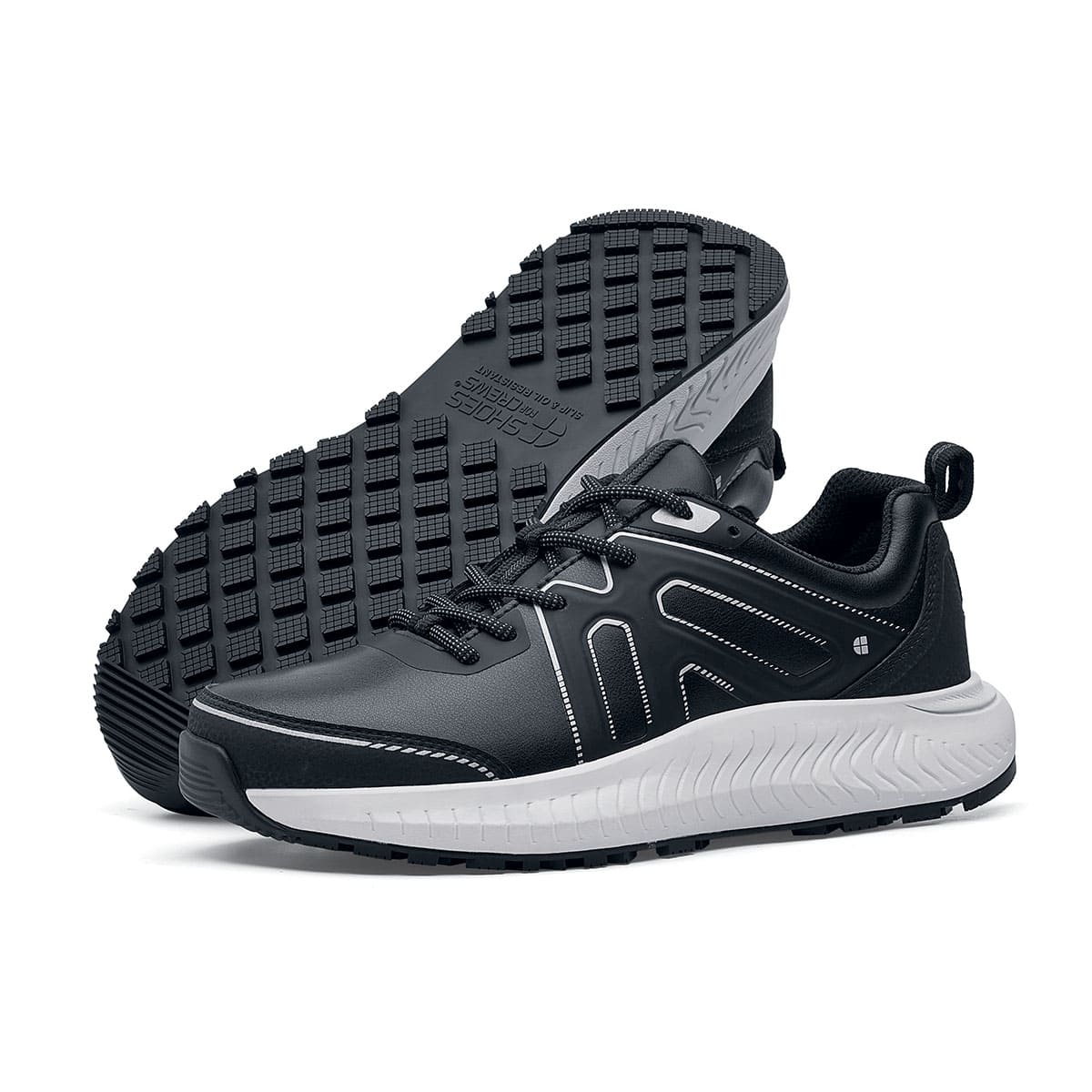 The Colly Soft Toe from Shoes For Crews are slip-resistant shoes that offer superior TripGuard technology, a water-resistant upper and arch support, seen from the left side and from the sole