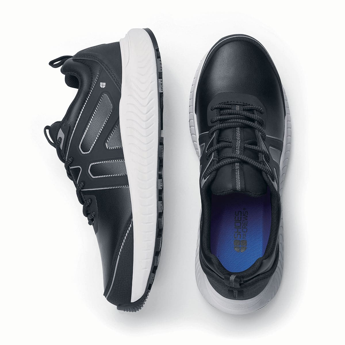 The Colly Soft Toe from Shoes For Crews are slip-resistant shoes that offer superior TripGuard technology, a water-resistant upper and arch support, seen from the side and from above.