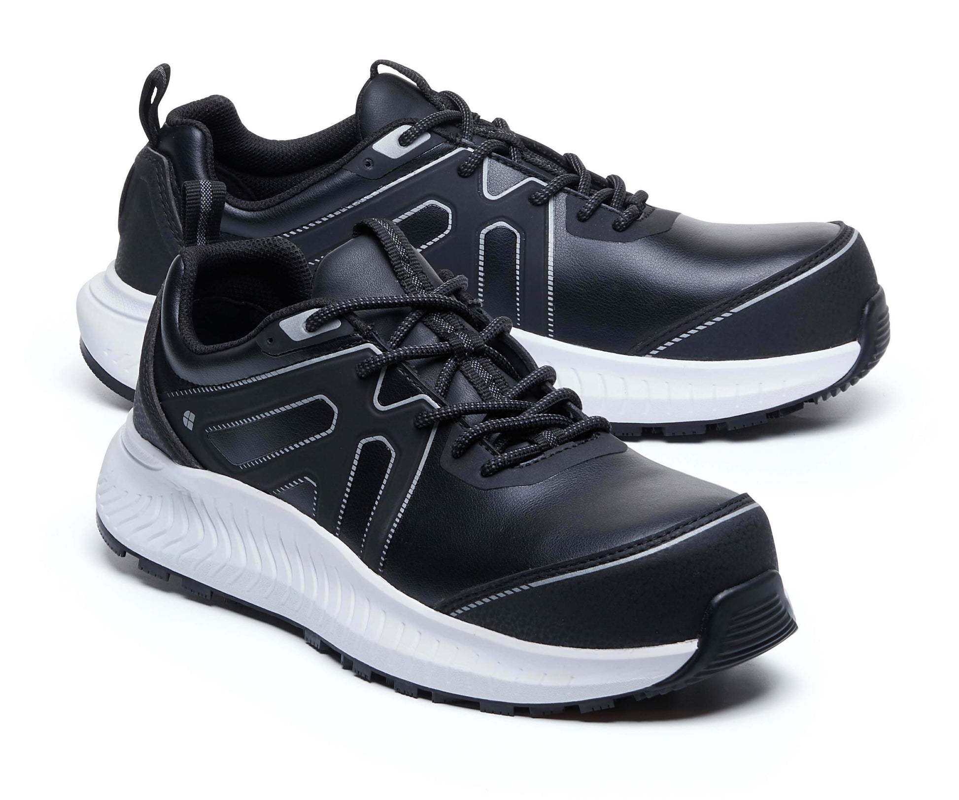 The Colly Black from Shoes For Crews has a slip-resistant, clog-resistant sole with TripGuard technology, a nanocomposite toecap (200 joules) and removable cushioned insoles, pair seen in profile on the right.