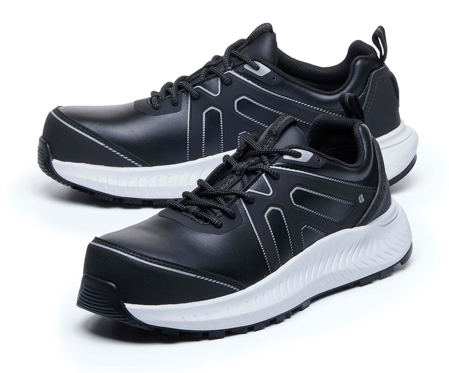 The Colly Black from Shoes For Crews has a slip-resistant, clog-resistant sole with TripGuard technology, a nanocomposite toecap (200 joules) and removable cushioned insoles, pair seen in profile on the left.