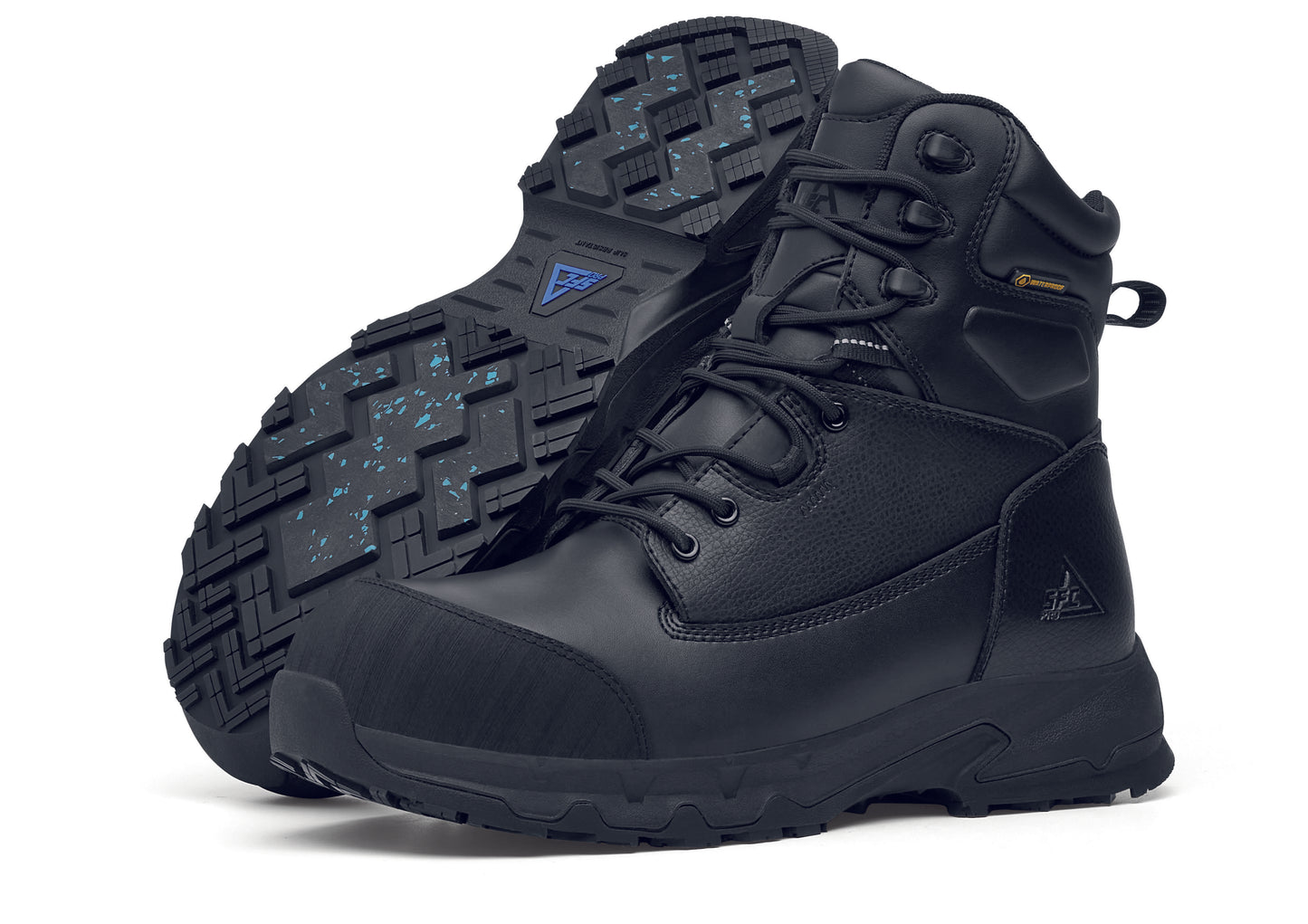 The Delvin from Shoes For Crews, the ultimate footwear for extreme conditions, pair seen from the left and bottom.