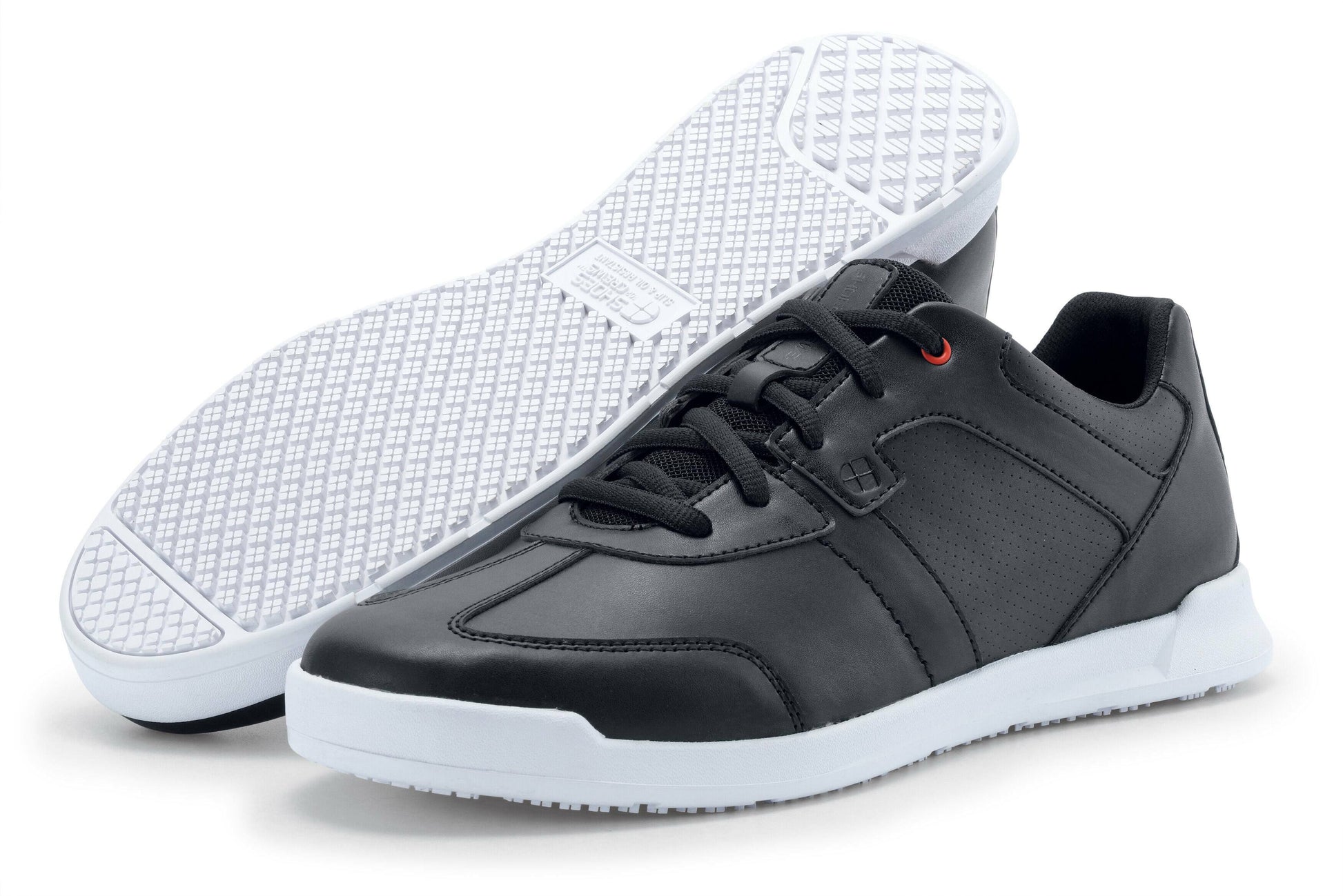 The Freestyle II White Outsole from Shoes For Crews is a slip-resistant shoe featuring a removable cushioned insole, pair seen from the left side and the sole.