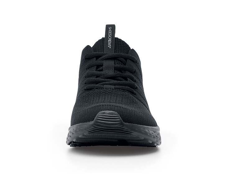 The Everlight Mens Black from Shoes For Crews are breathable slip-resistant trainers which are lightweight and easy to clean,  seen from the front.