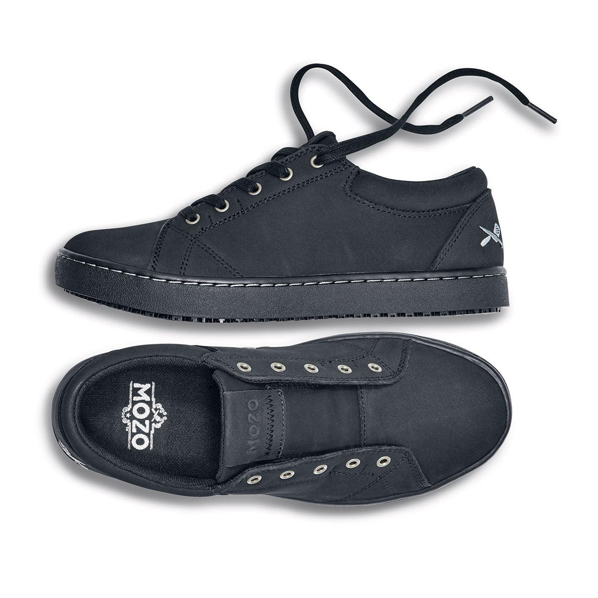 The Mavi from Shoes For Crews has our superior slip-resistant sole and heel counter, seen horizontally from above and from the side.