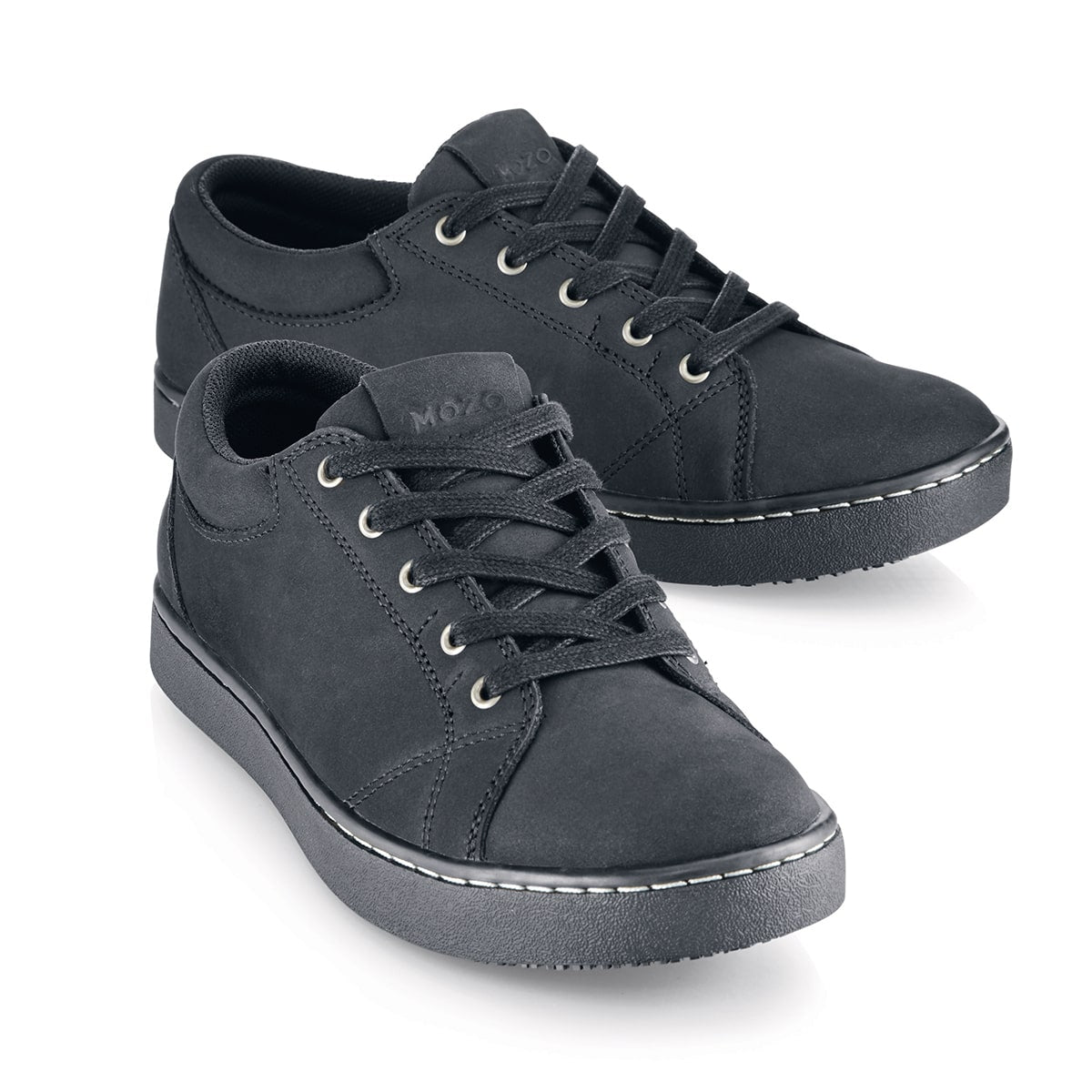 The Mavi from Shoes For Crews has our superior slip-resistant sole and heel counter, pair seen from the left side, emphasised on the tip of the left shoe.