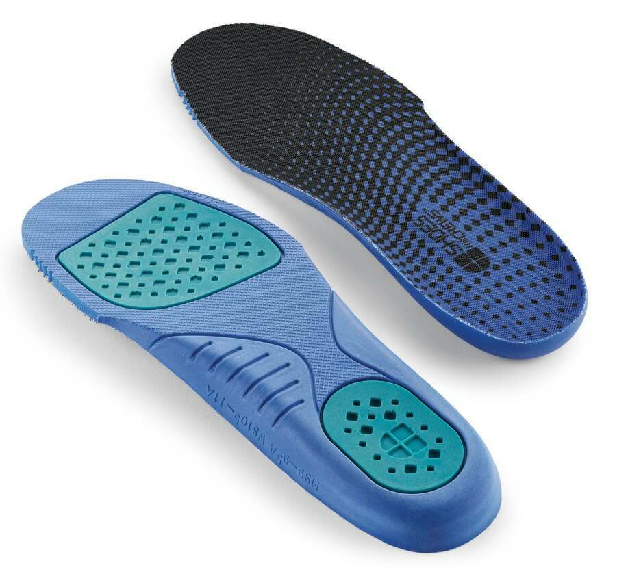 The comfort insole with gel from Shoes For Crews has gel pads to keep your feet cool while providing extra cushioning, pair seen from the perpendicular.