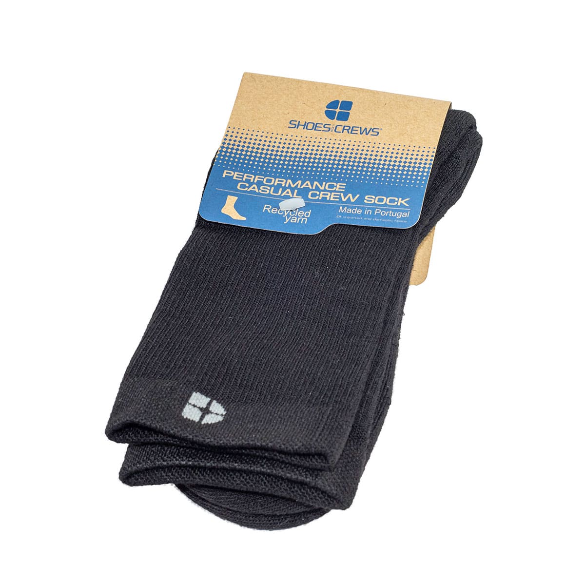 The crew sock recycled by Shoes For Crews, made from 100 per cent recycled polyester, offers extra comfort, photo of package.