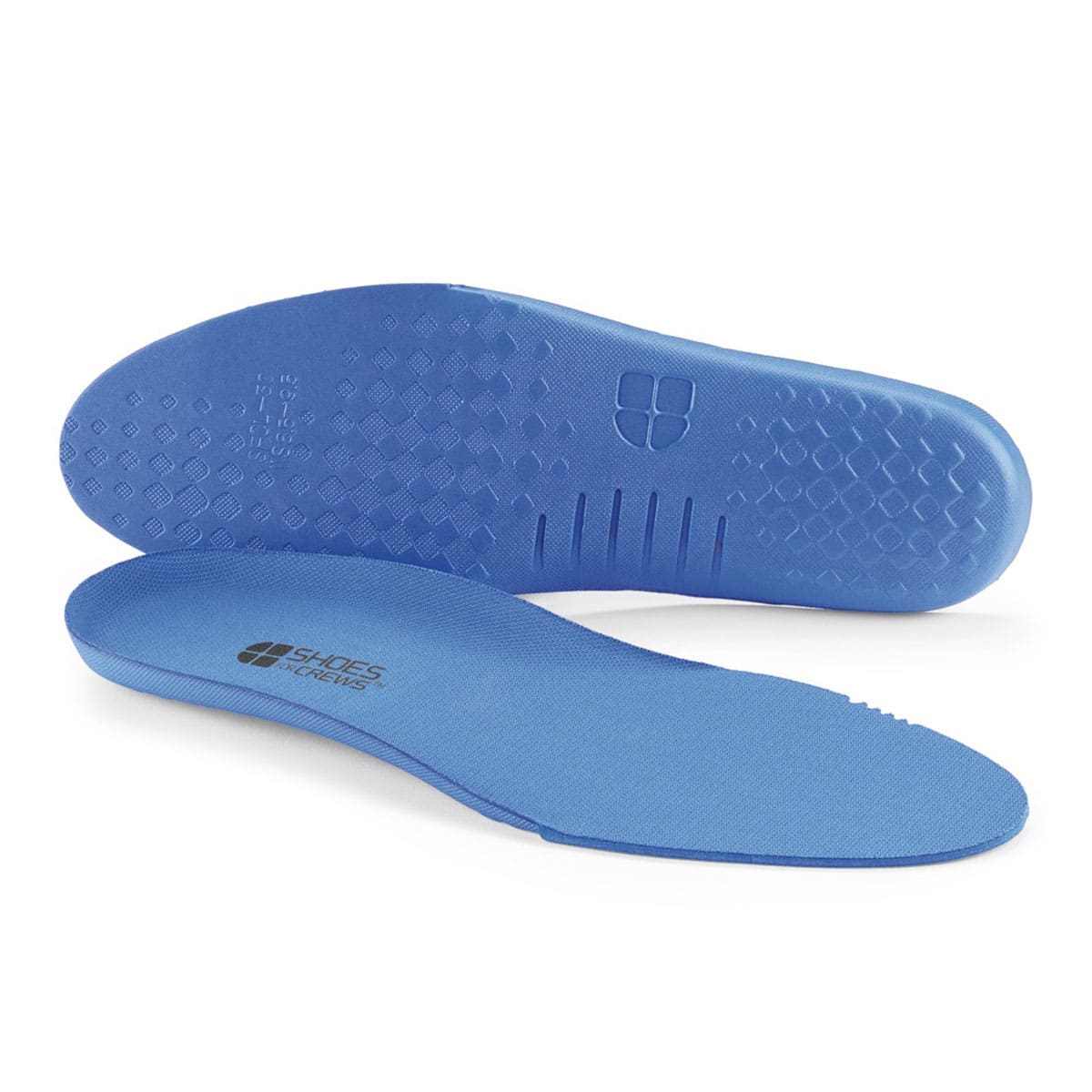 The Shoes For Crews comfort insole is made from durable EVA material and incorporates a cushioned layer and an adaptable arch, seen from above and from below seen horizontally.