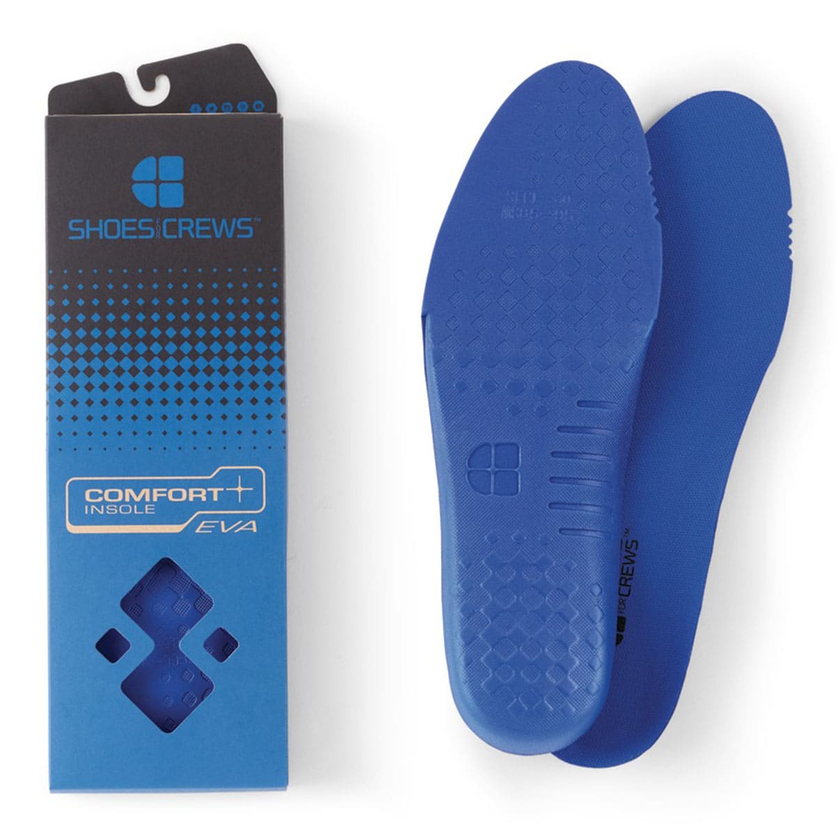 The Shoes For Crews comfort insole is made from durable EVA material and incorporates a cushioned layer and an adaptable arch, pair and packaging on the side.