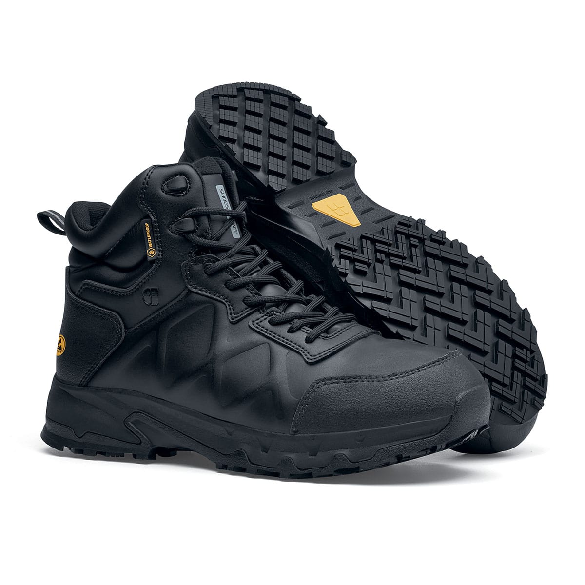 The Callan Mid O2 SRC CI HI ESD safety boot has TripGuard technology, waterproof materials and a durable slip-resistant outsole,  pair seen from the right and bottom.
