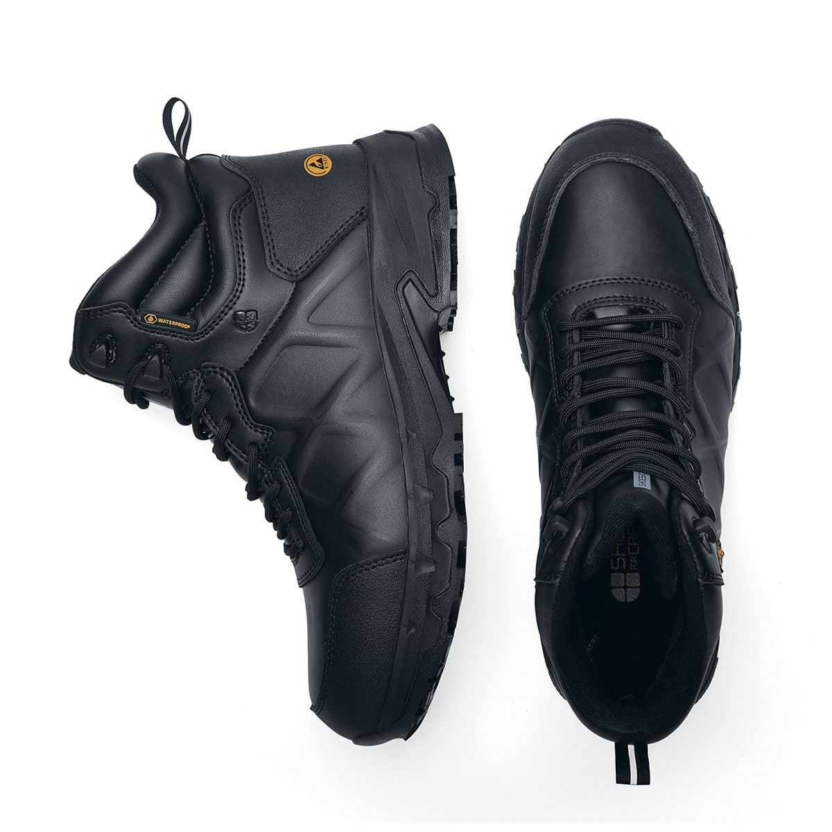 The Callan Mid O2 SRC CI HI ESD safety boot has TripGuard technology, waterproof materials and a durable slip-resistant outsole,  pair seen from the side and above.