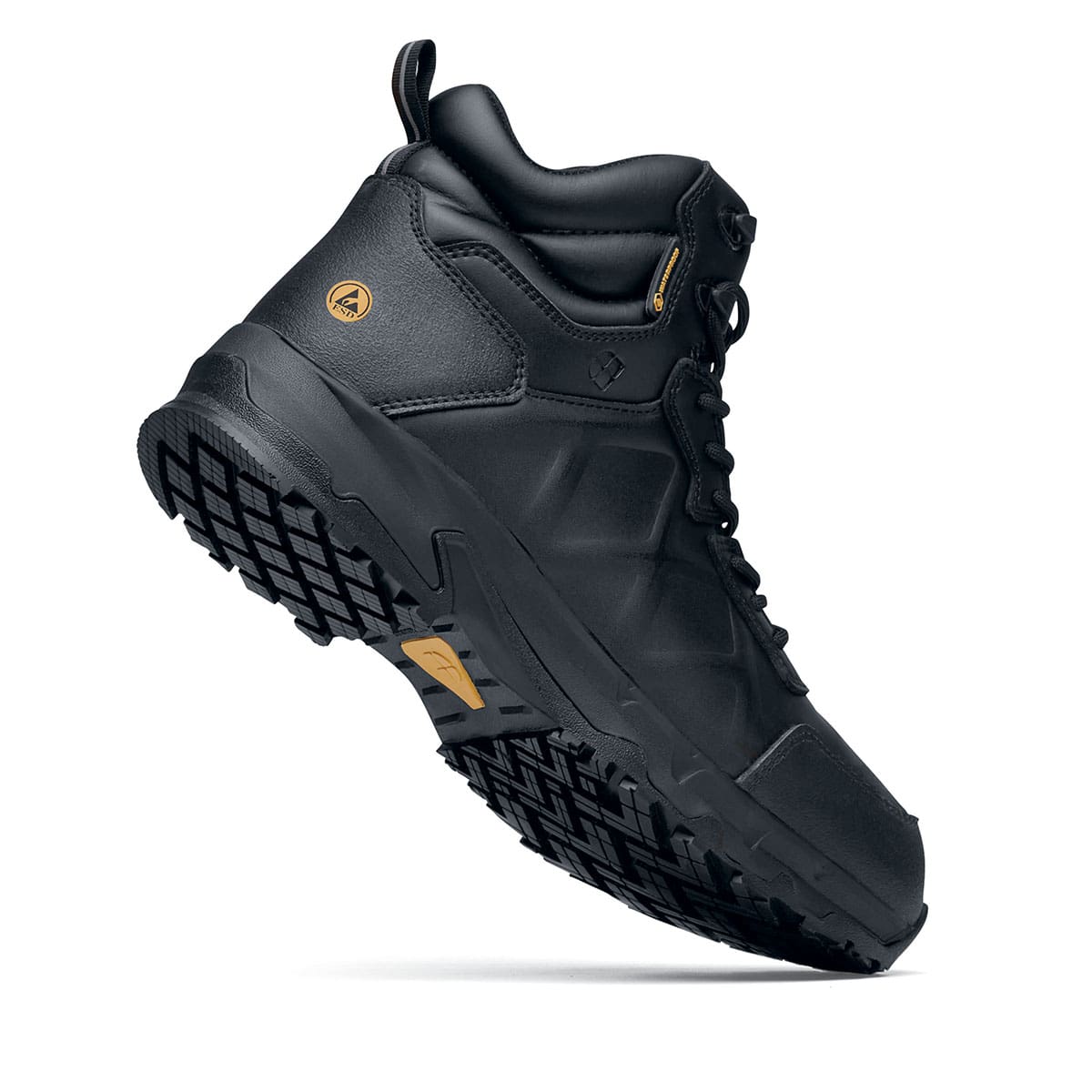 The Callan Mid O2 SRC CI HI ESD safety boot has TripGuard technology, waterproof materials and a durable slip-resistant outsole, seen from the right side highlight the heel.