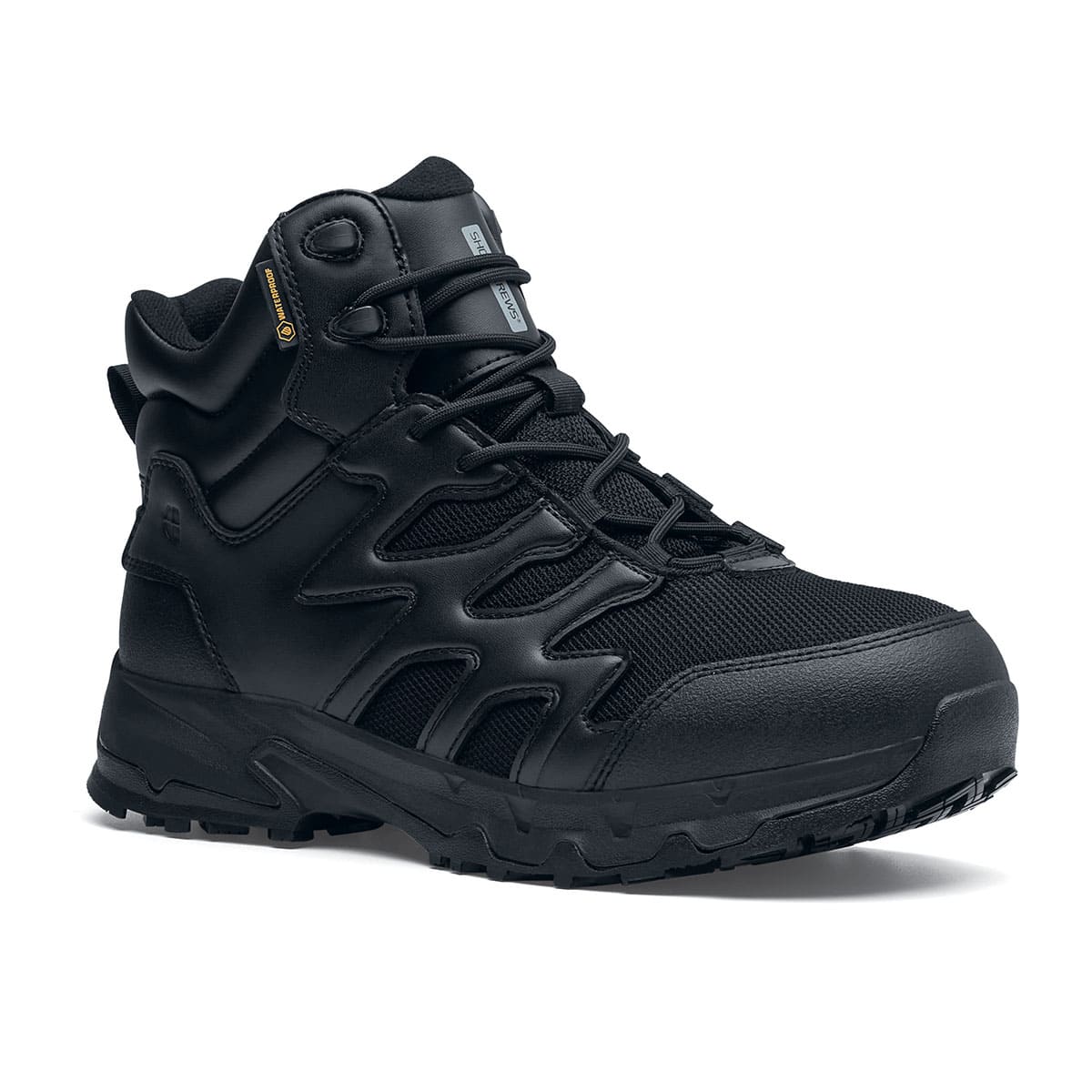 The Shoes for Crews Carrig Mid is a slip-resistant safety boot with a waterproof upper,  seen from the right profile.