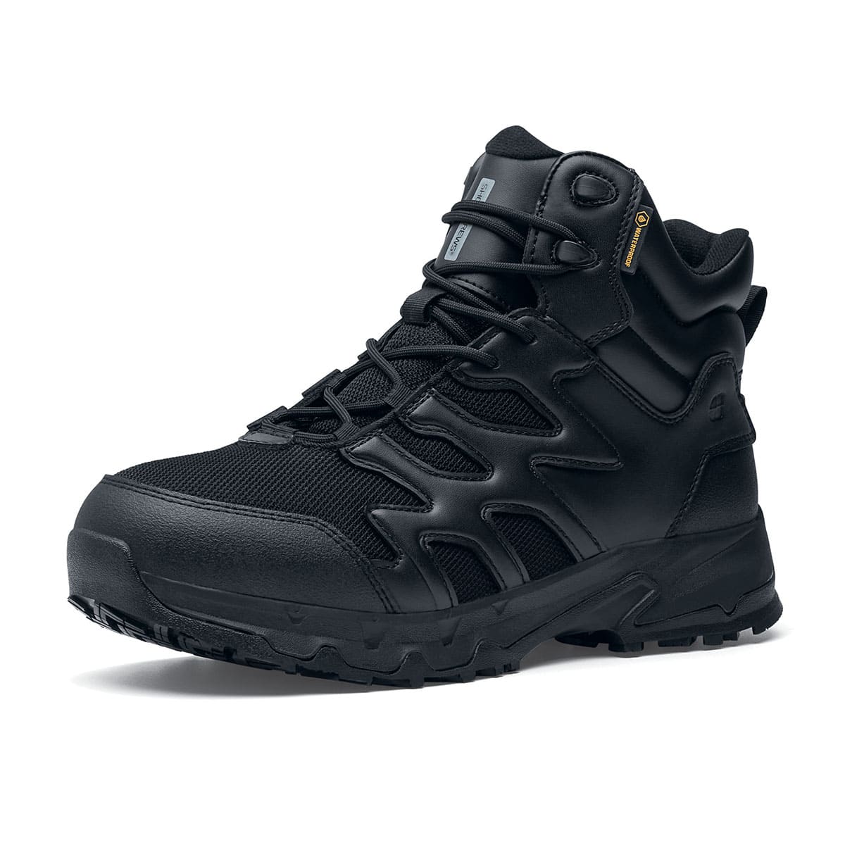 The Shoes for Crews Carrig Mid is a slip-resistant safety boot with a waterproof upper,  seen from the left profile.