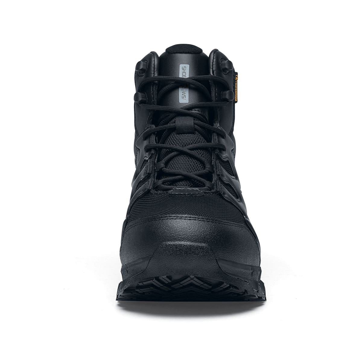 The Shoes for Crews Carrig Mid is a slip-resistant safety boot with a waterproof upper, seen from the front.
