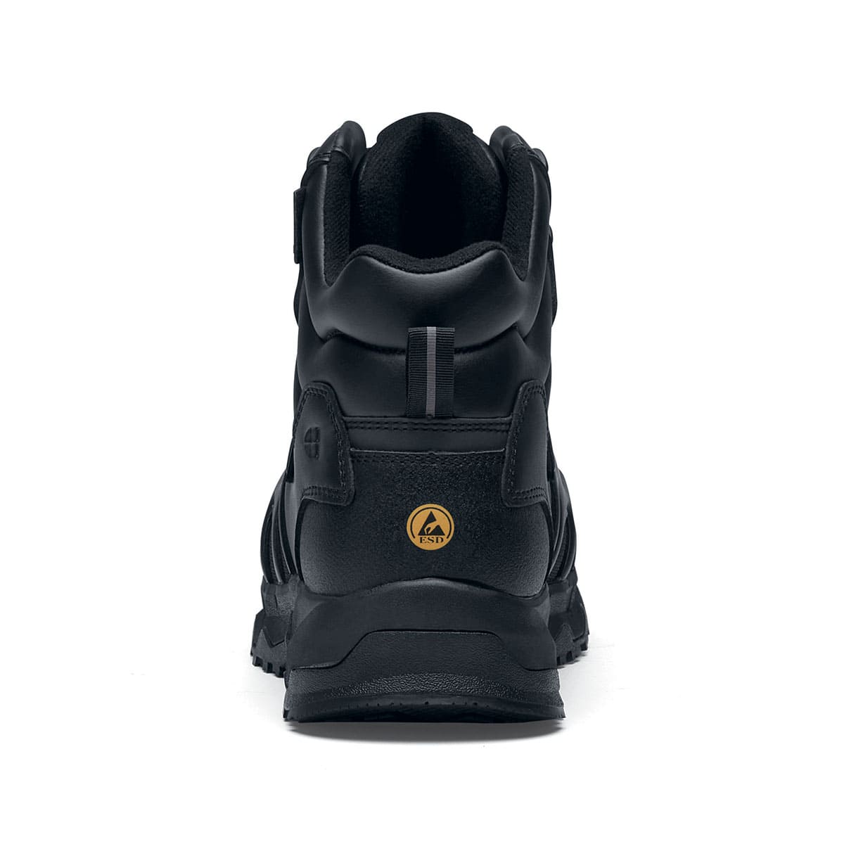 The Shoes for Crews Carrig Mid is a slip-resistant safety boot with a waterproof upper, seen from the bellow.