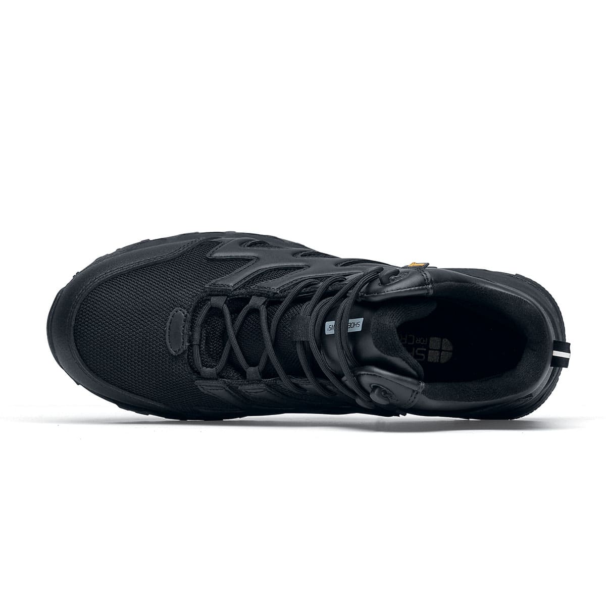 The Shoes for Crews Carrig Mid is a slip-resistant safety boot with a waterproof upper, seen from the above.