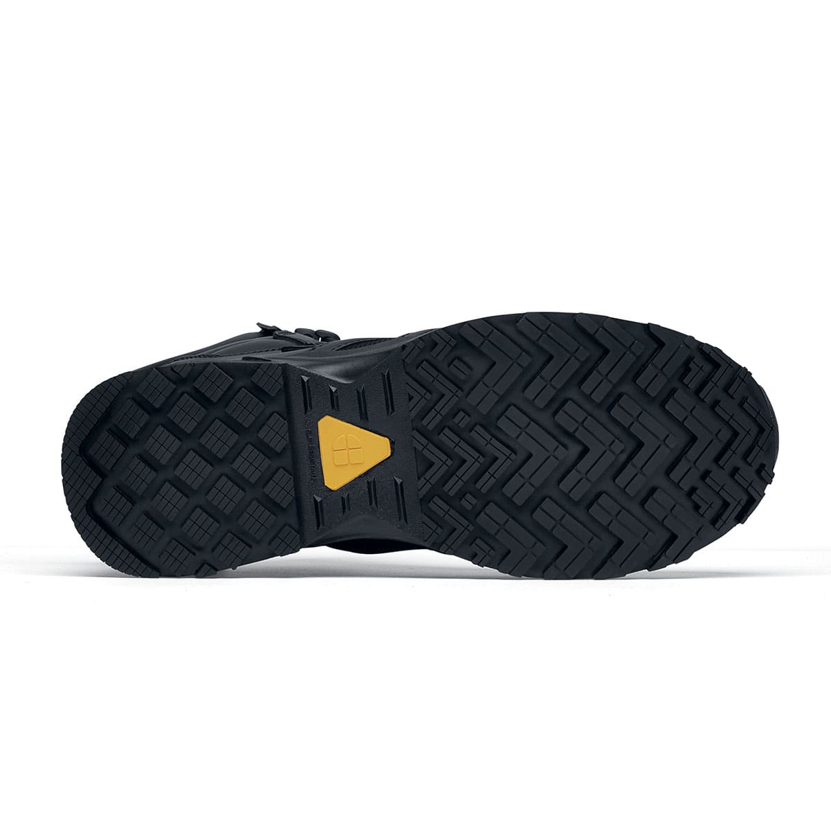 The Shoes for Crews Carrig Mid is a slip-resistant safety boot with a waterproof upper, seen from the bellow.