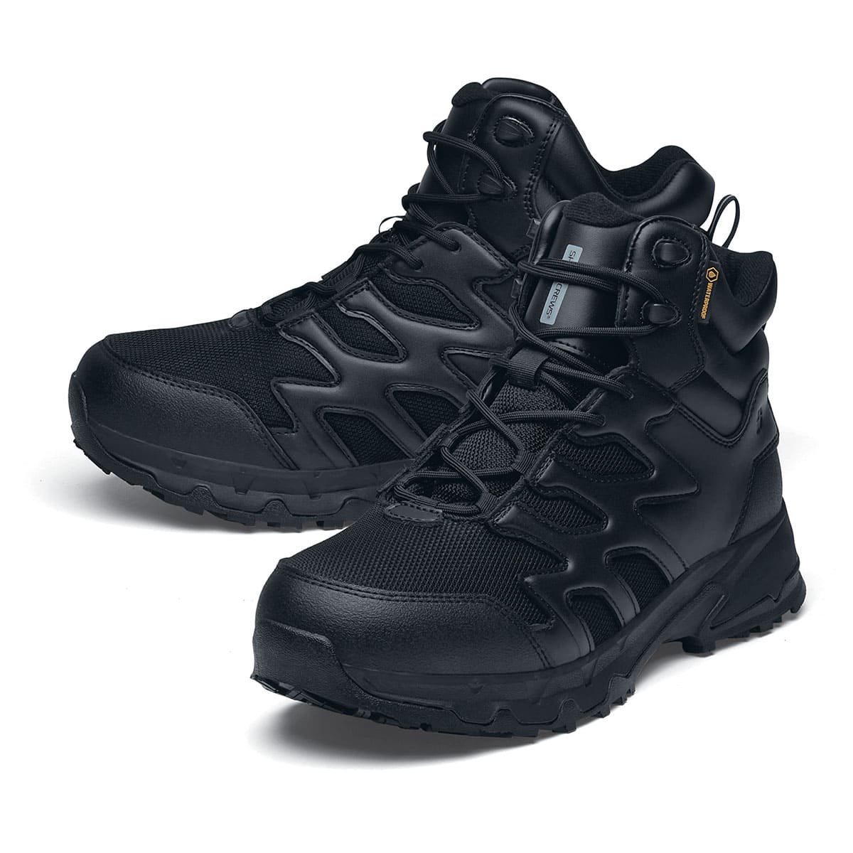 The Shoes for Crews Carrig Mid is a slip-resistant safety boot with a waterproof upper,  pair seen in the left profile with the tip of the left shoe emphasised.